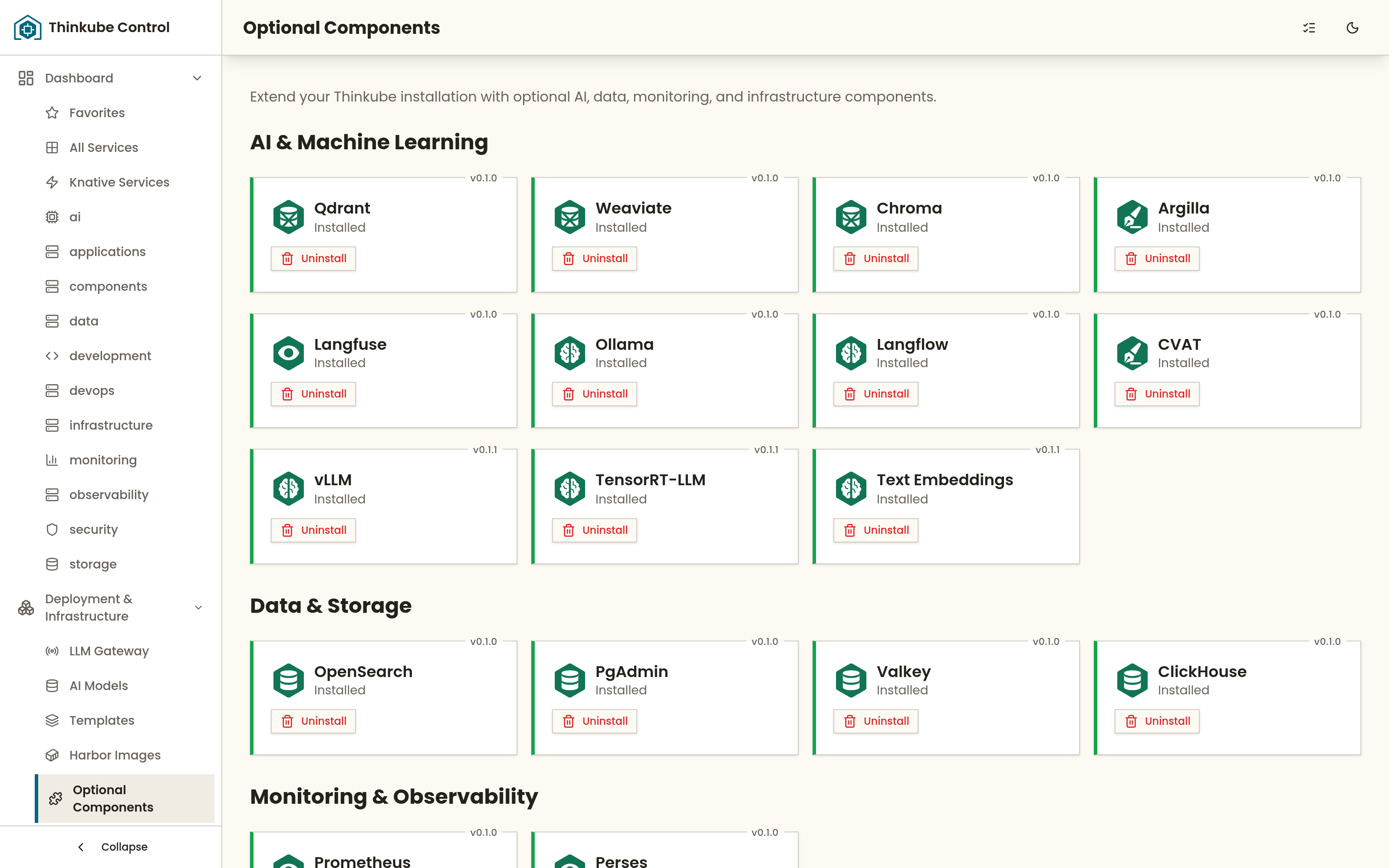 The Optional Components page of Thinkube Control