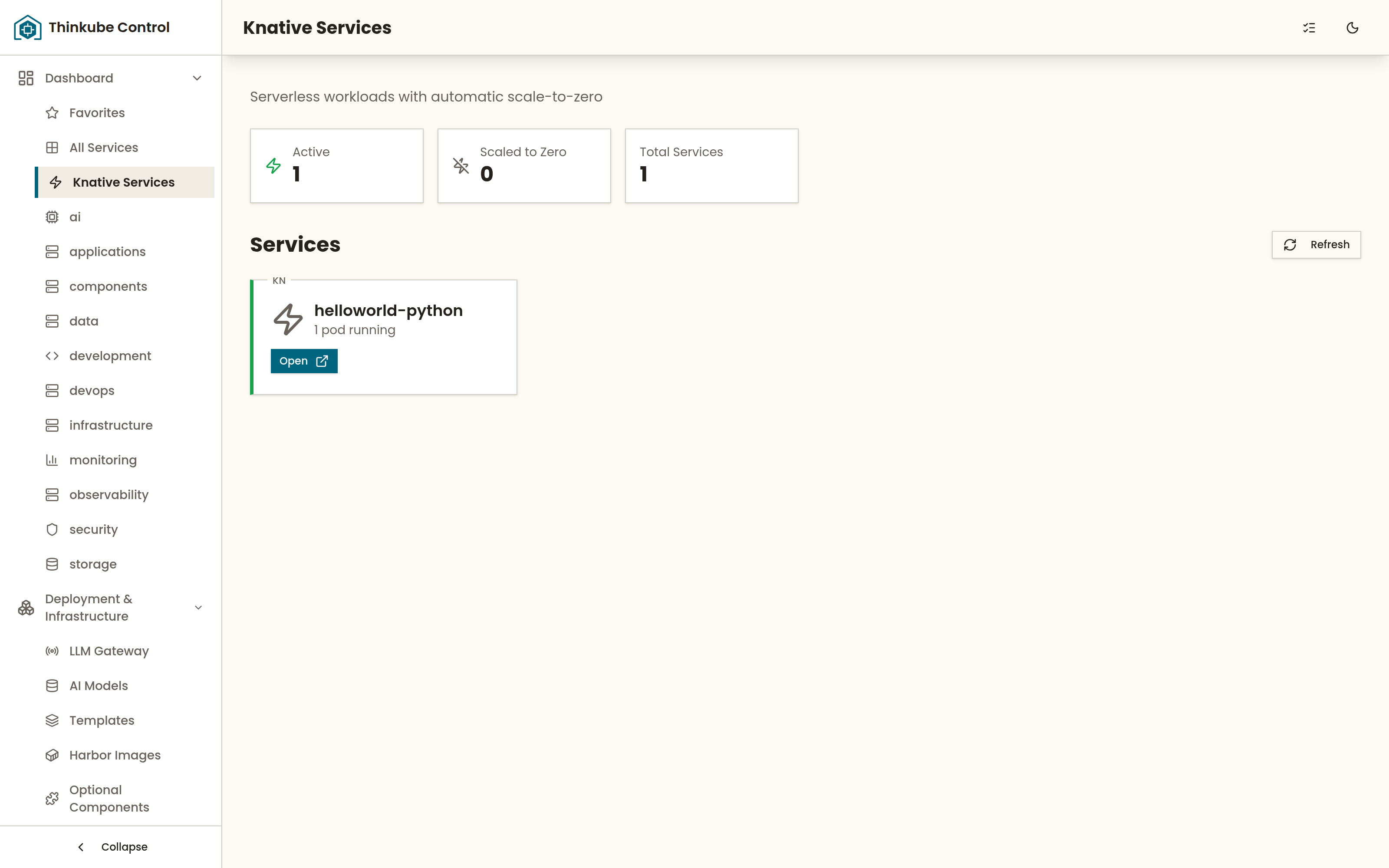 The Knative Services page of Thinkube Control