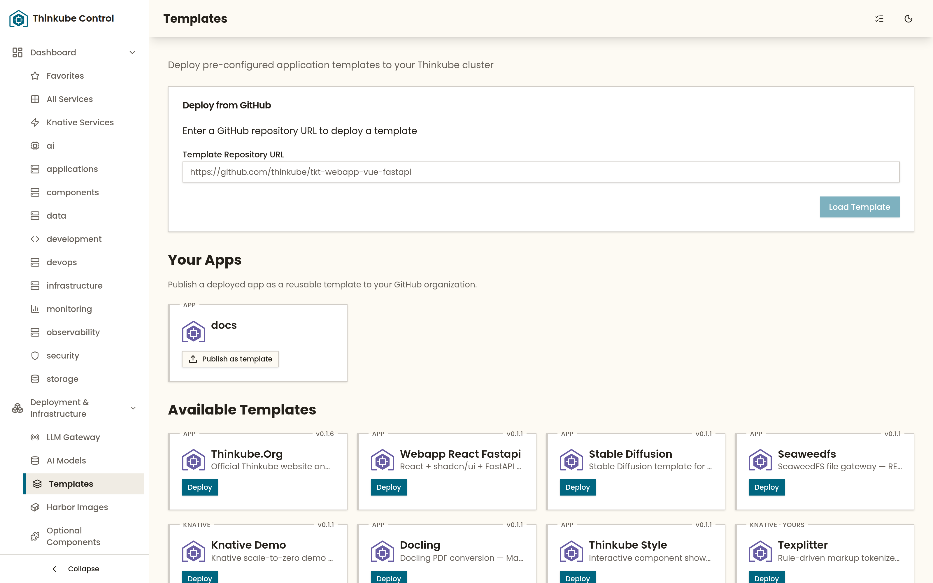 The Templates page of Thinkube Control