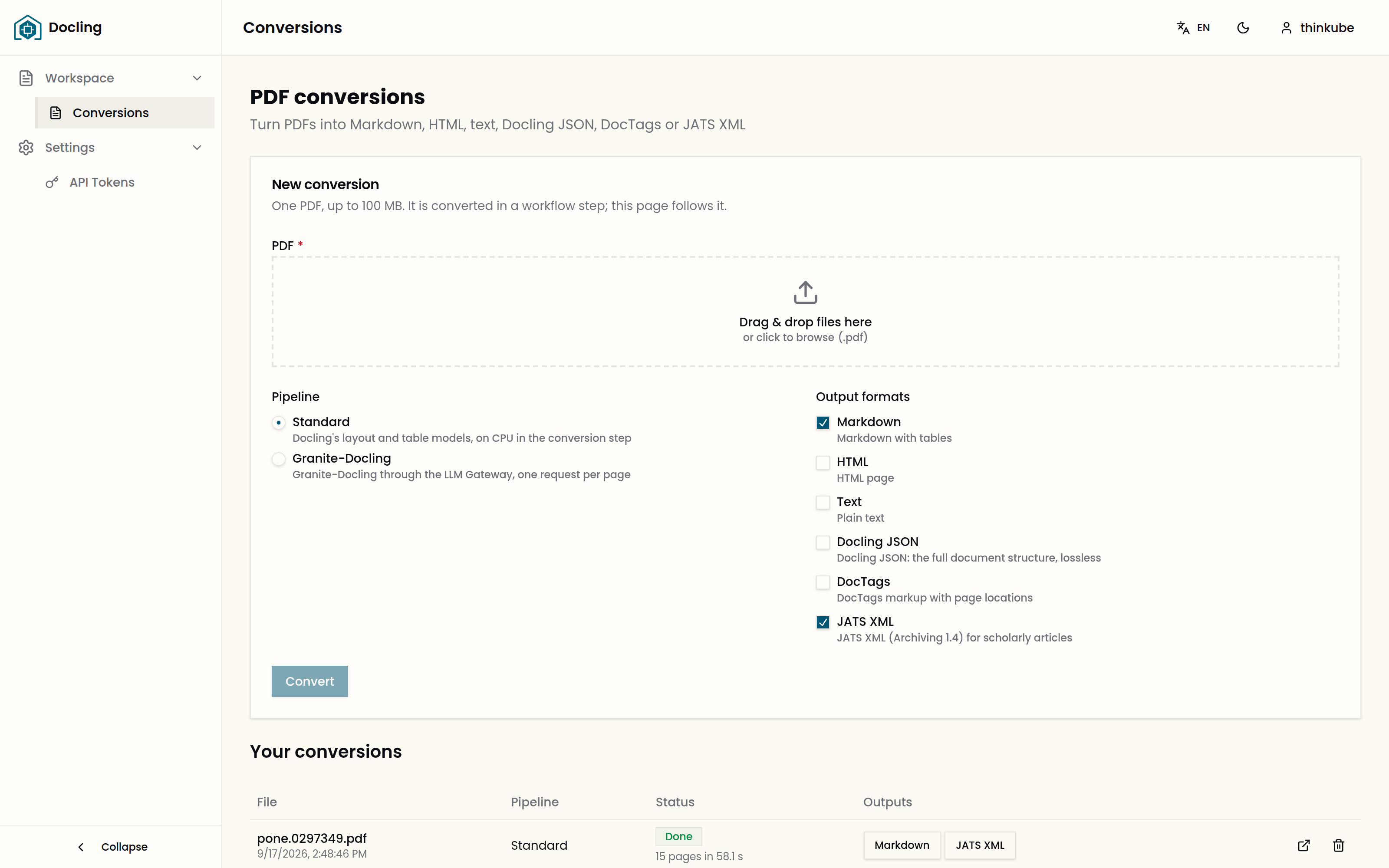 The Docling app’s Conversions page: the New conversion form with the Standard and Granite-Docling pipelines and six output formats