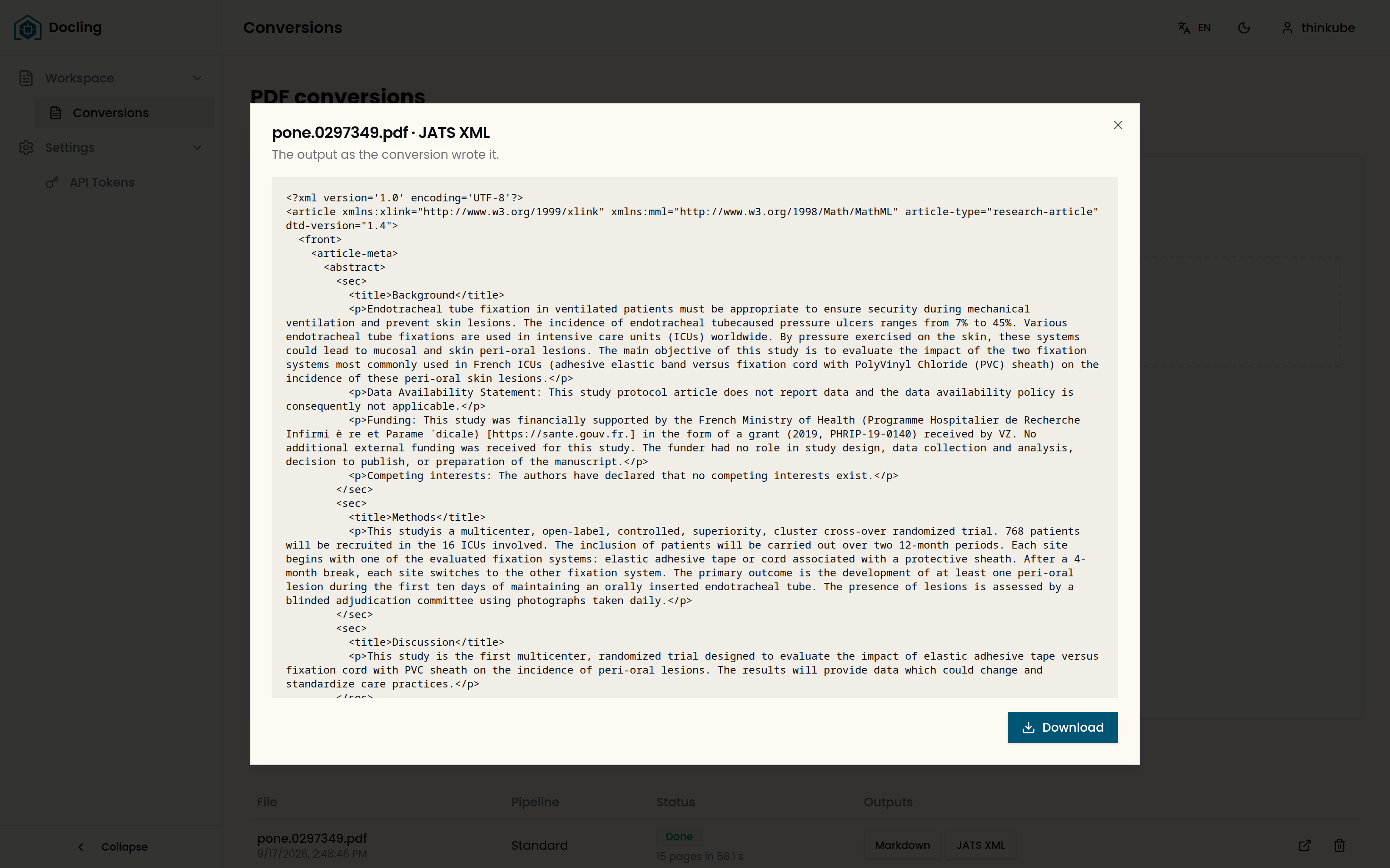The JATS XML output in a dialog: an article with dtd-version 1.4 whose abstract has the sections Background and Methods