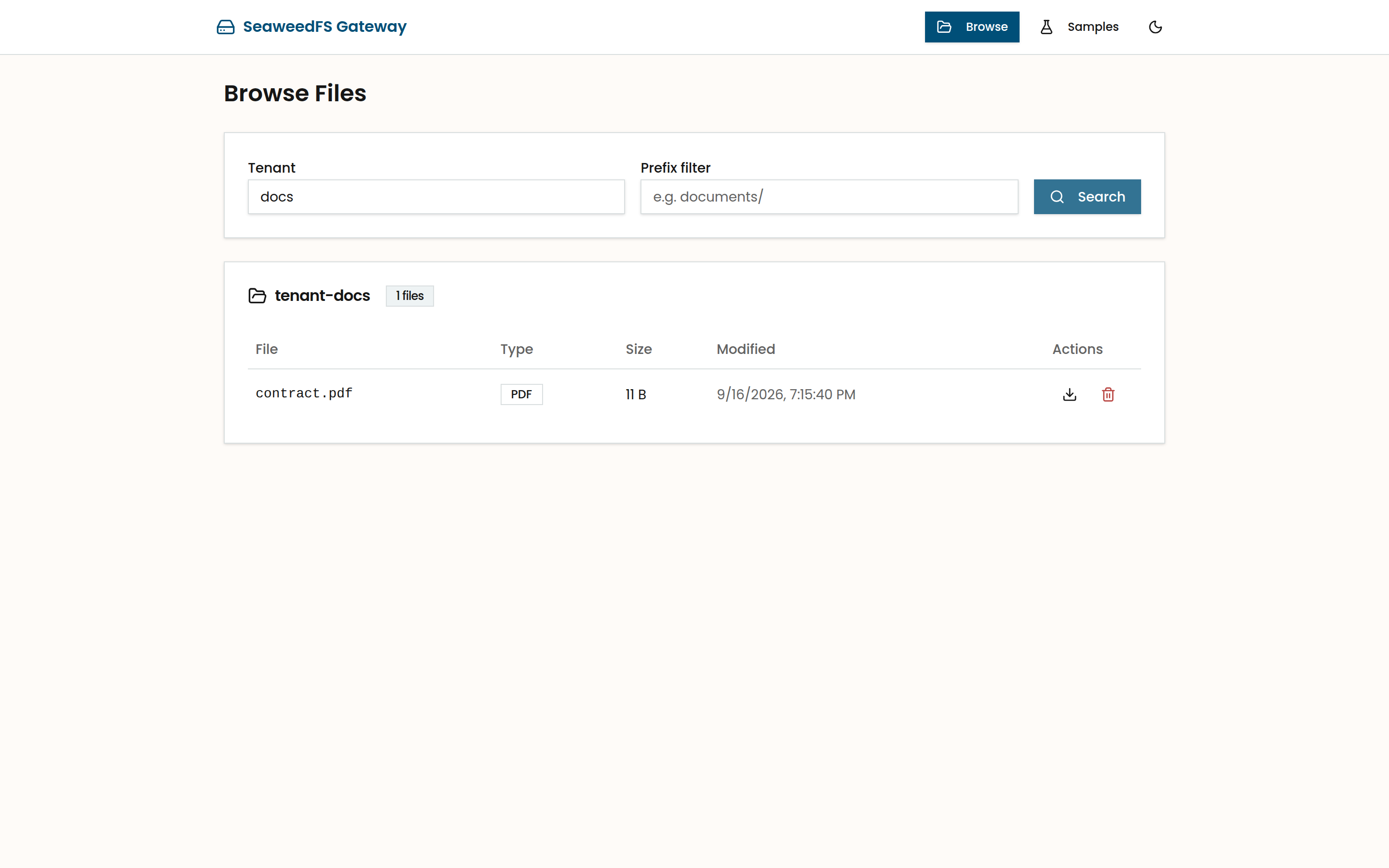 The Browse Files page of the file gateway listing contract.pdf in tenant-docs