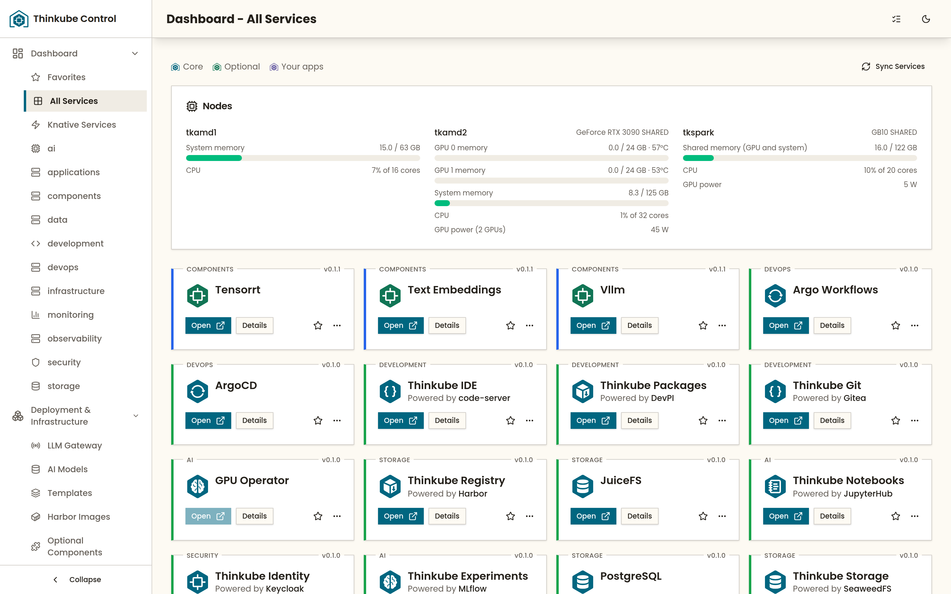 Thinkube Control with the All Services dashboard open