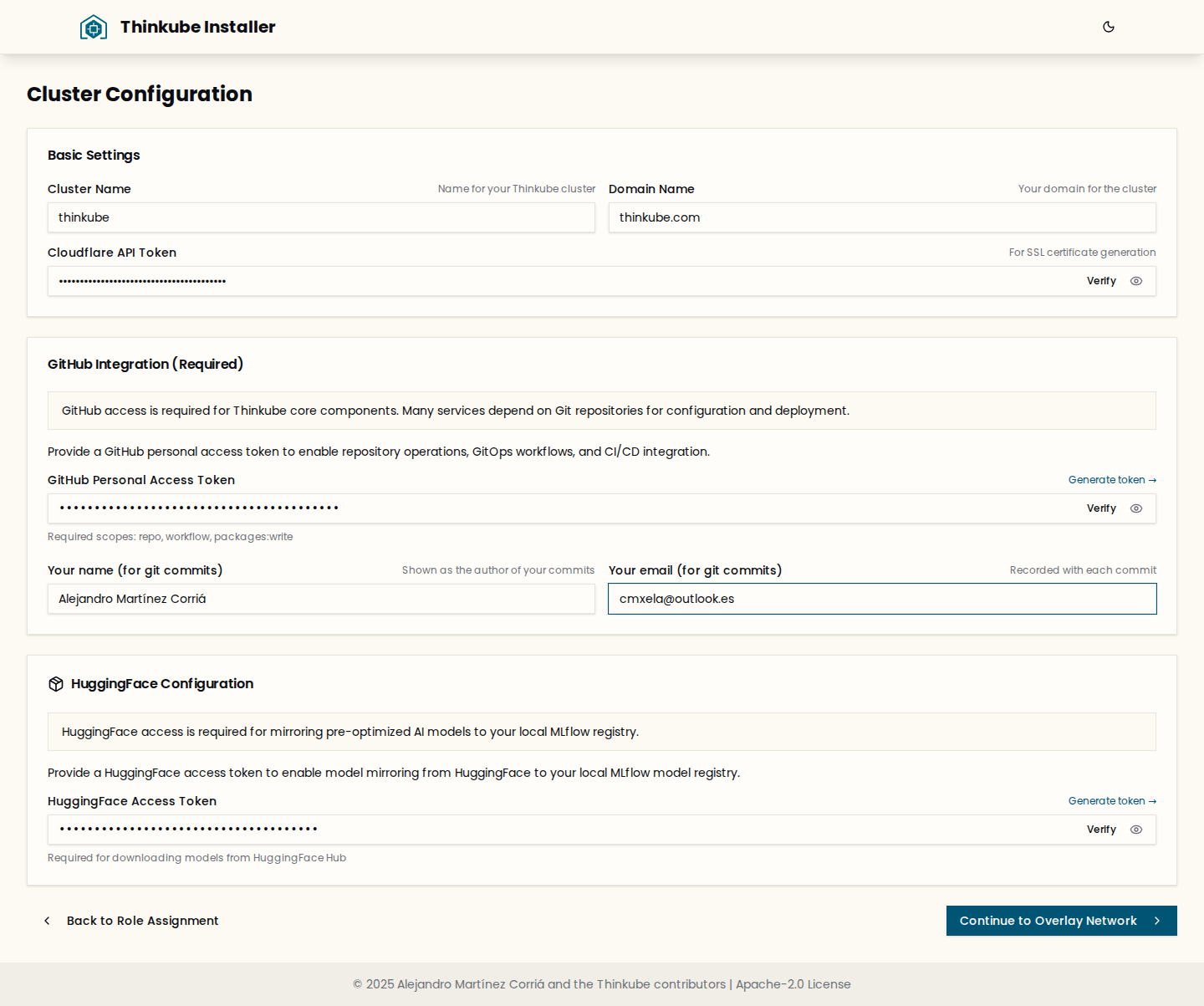 The Cluster Configuration screen with the cluster name, domain, tokens and git identity filled in