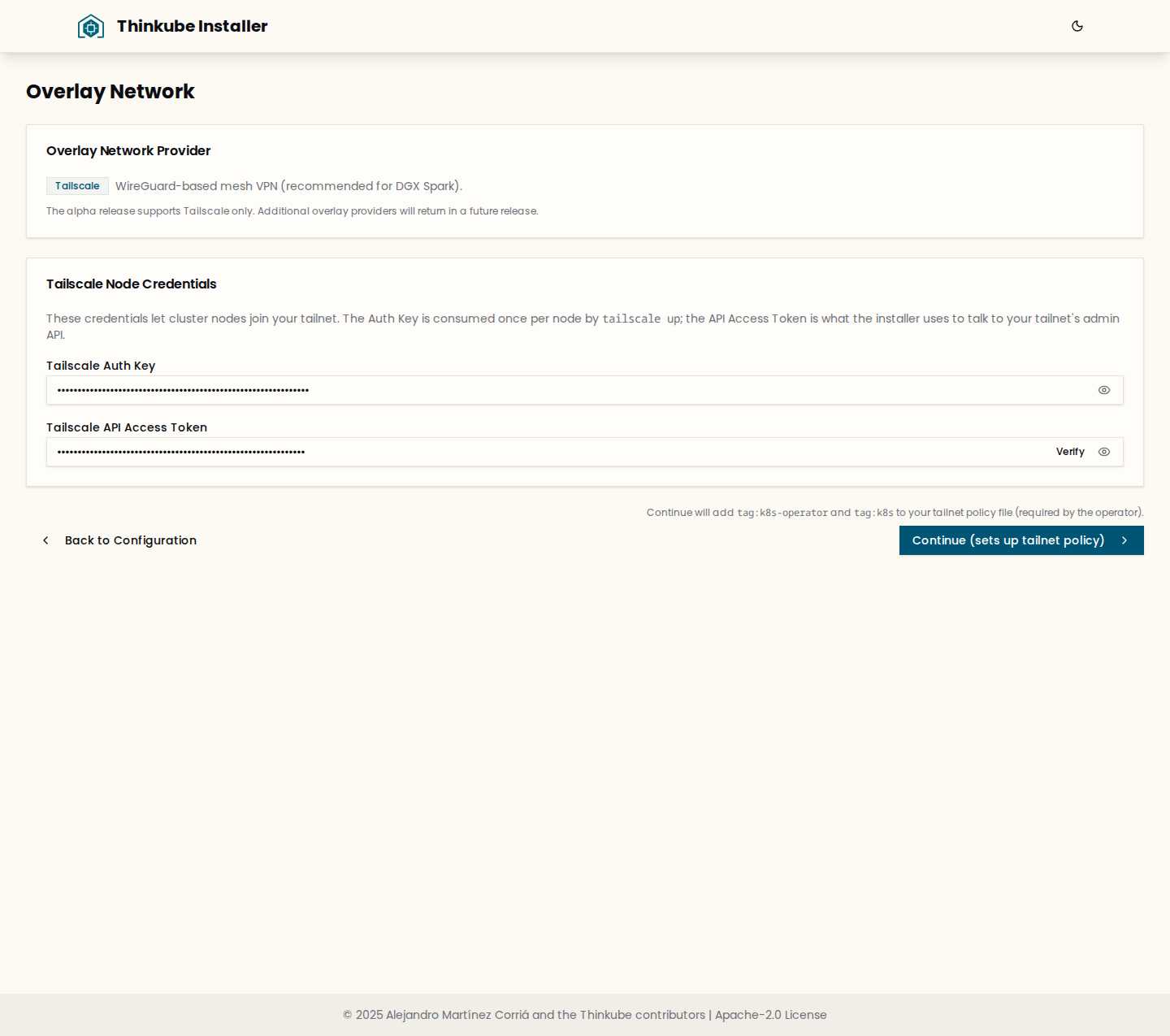 The Overlay Network screen with the Tailscale auth key and API access token
