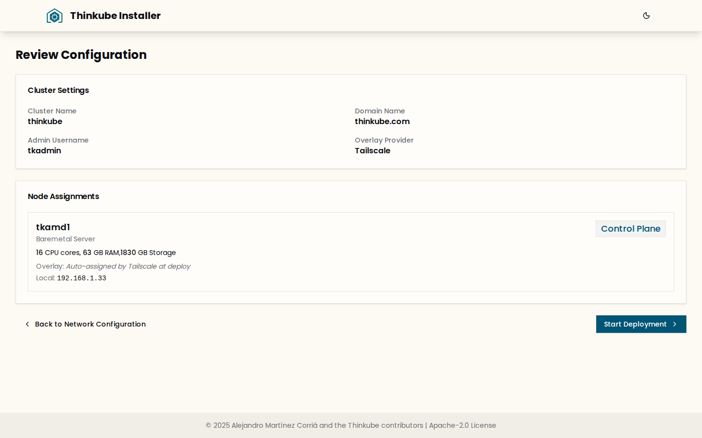 The Review Configuration screen with the cluster settings and the control plane node