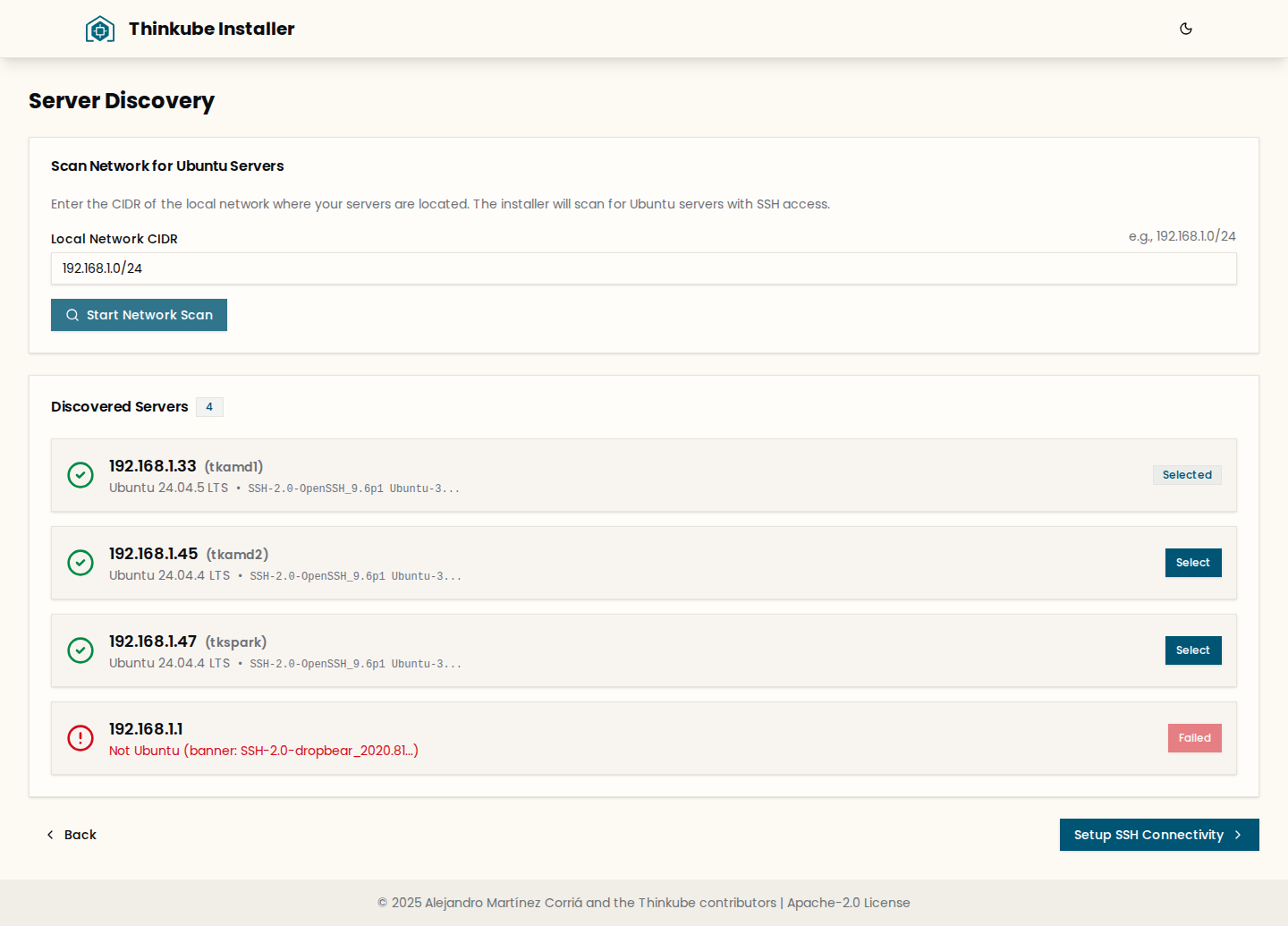The Server Discovery screen after a scan, with the servers to install selected
