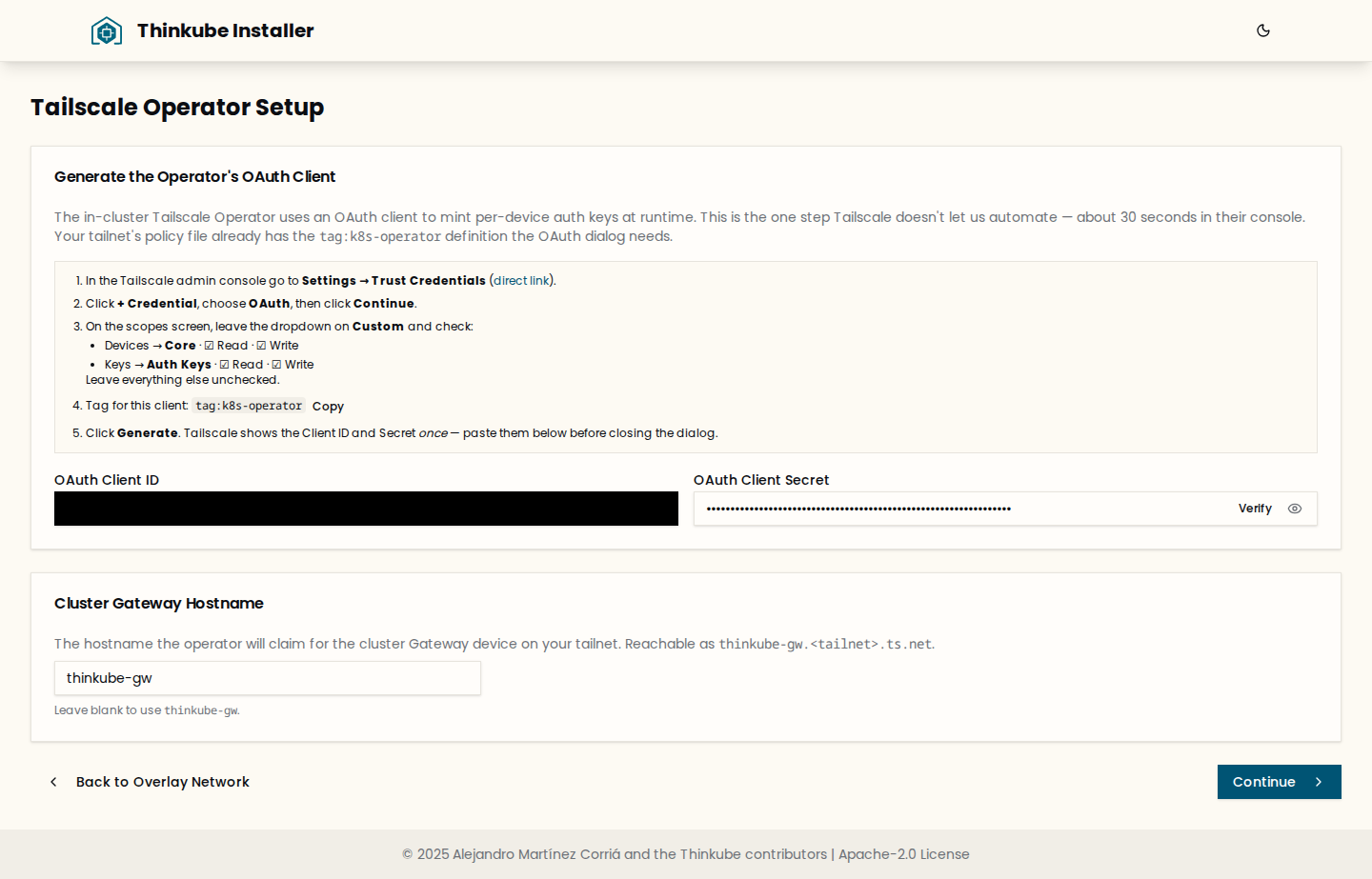 The Tailscale Operator Setup screen with the steps in the Tailscale console, the OAuth client fields and the gateway hostname