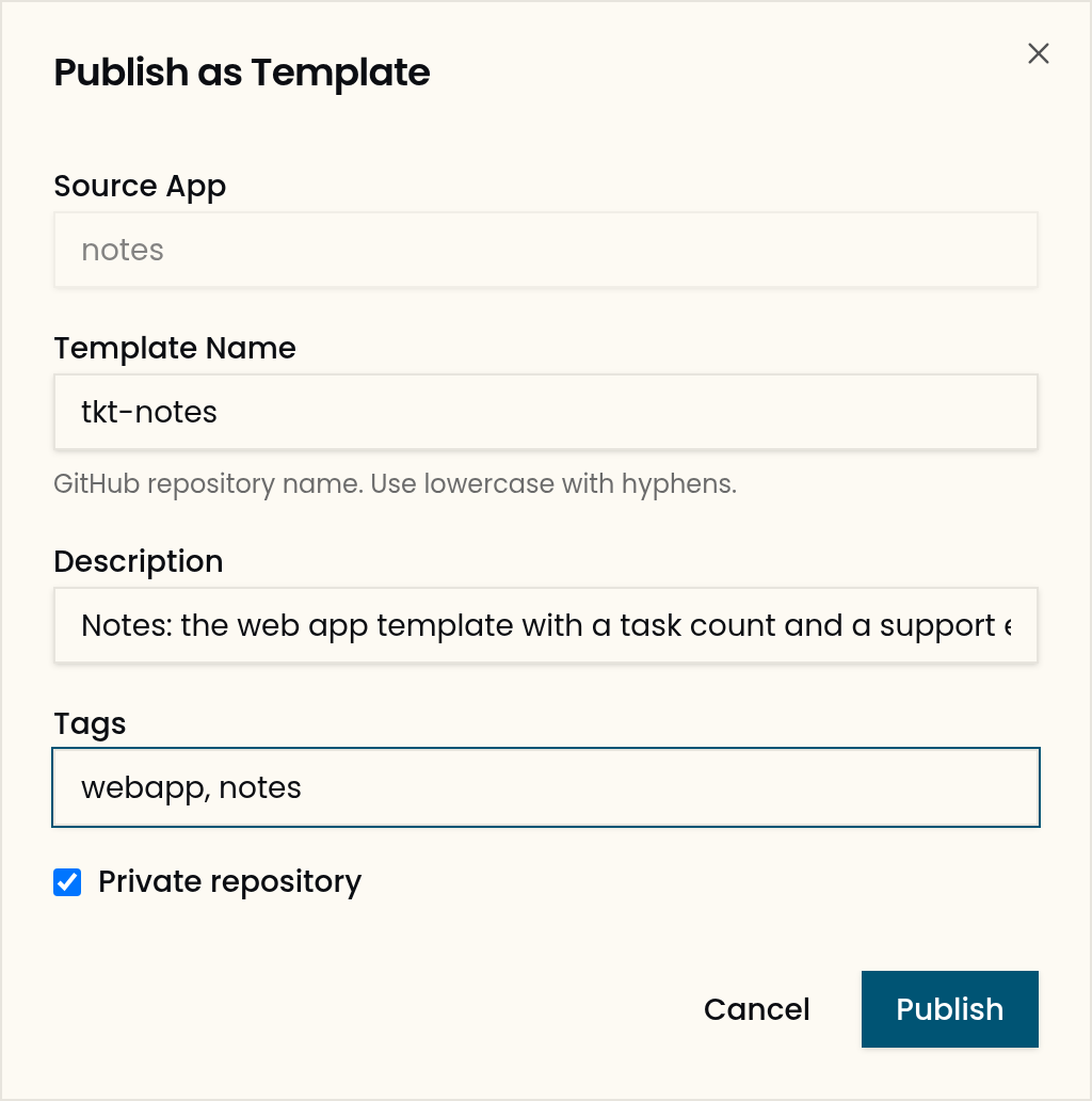 The Publish as Template form filled in for notes