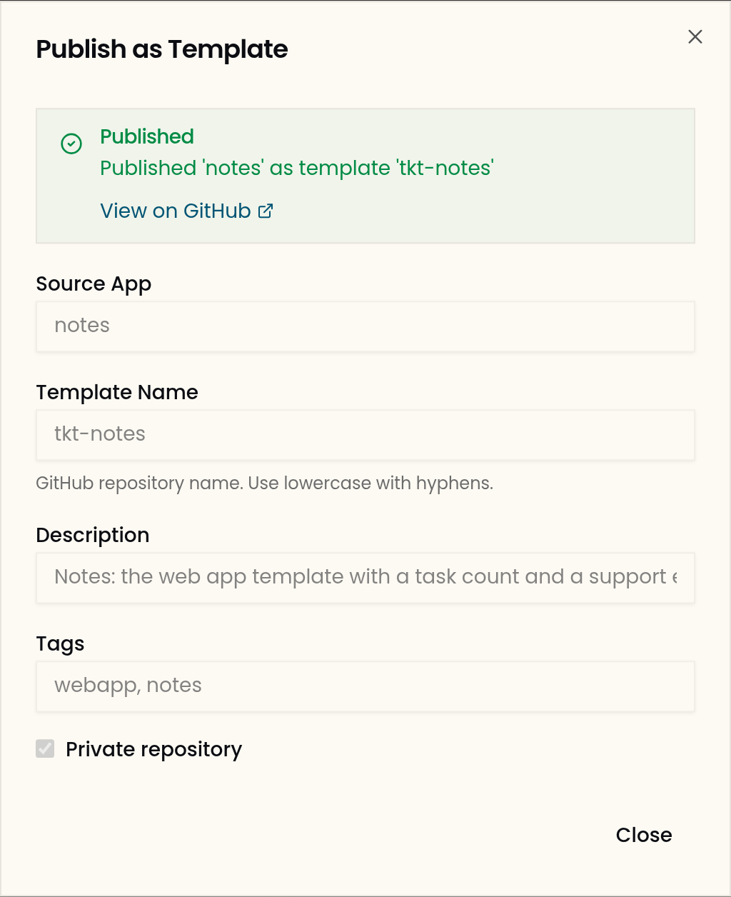 The form reports: Published 'notes' as template 'tkt-notes'